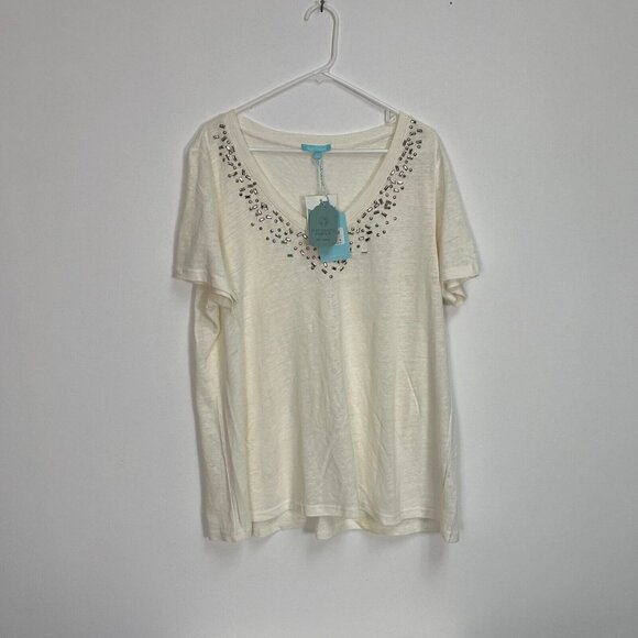 Blue illusion Womens V-Neck Embellished Linen T-Shirt Size 3L White Short Sleeve - Picture 1 of 9